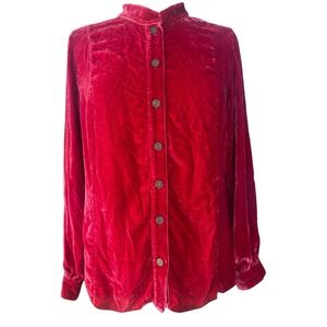J Jill Velvet Button Up Peplum Red Mandarin Collar Top Medium 90s Dark‎ Academia